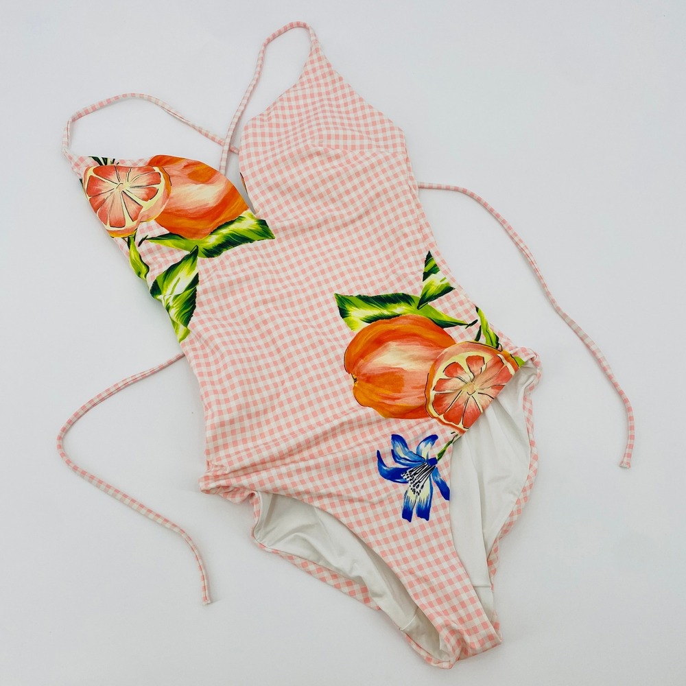 Onia One Piece Swimsuit Women XS Pink Gingham‎ Orange Citrus Floral Print